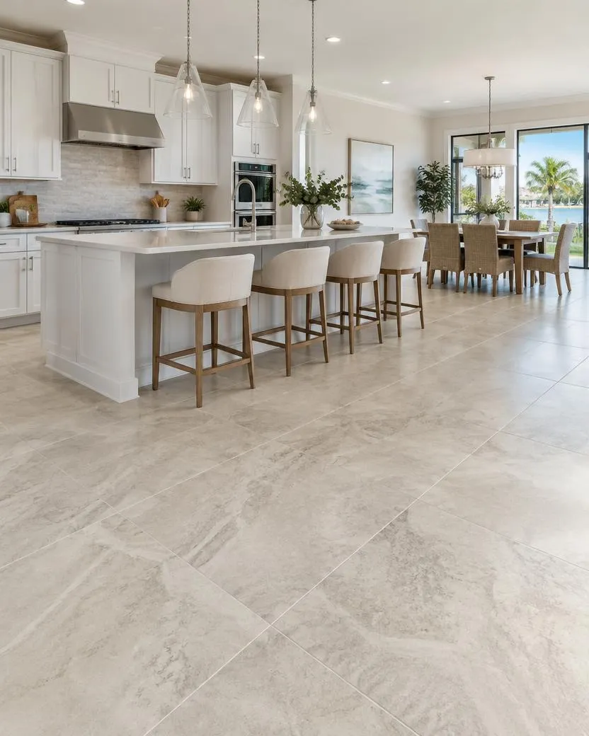 Large-format porcelain tile flooring in a bright Florida kitchen