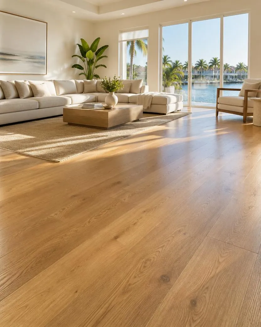 Wide-plank oak hardwood flooring in a sunlit South Florida living room